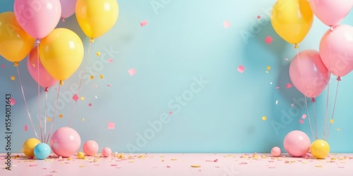 Pastel Balloons and Confetti Celebration Scene Featuring a Pink and Yellow Theme with a Soft Blue Background