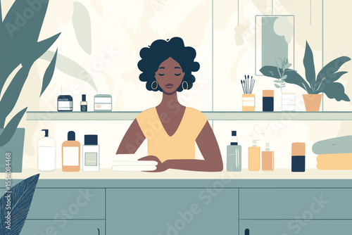 African woman doing full skincare routine surrounded by clean products vector illustration