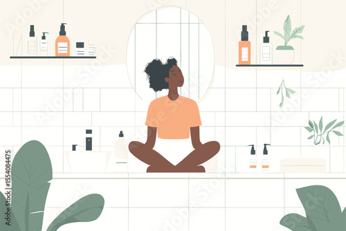 African woman doing full skincare routine surrounded by clean products vector illustration