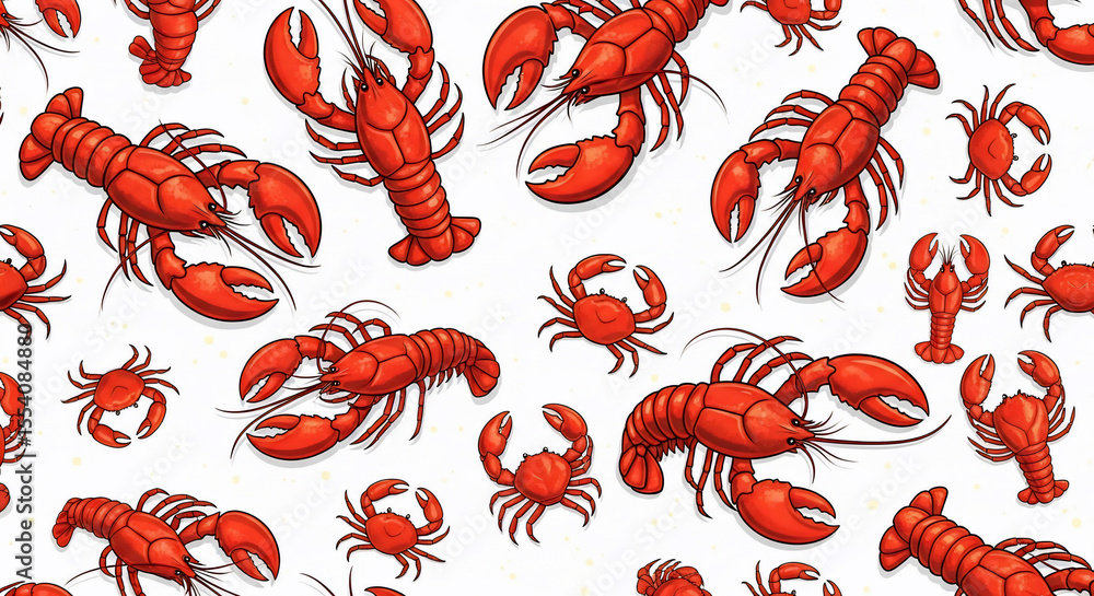 Vibrant seamless pattern featuring an array of cooked red lobsters and crabs scattered across a clean white background. This lively marine life illustration provides a perfect repeating texture for Vibrant seamless pattern featuring an array of cooked red lobsters and crabs scattered across a clean white background. This lively marine life illustration provides a perfect repeating texture for