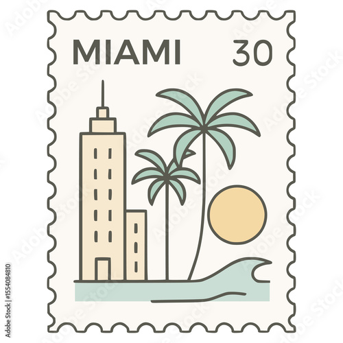 miami postage stamp mail letter flat color vector illustration template design