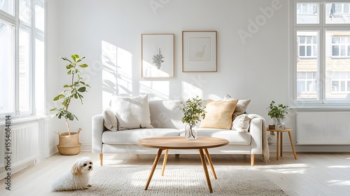 Modern Minimalist Living Room with White Couch and Wooden Coffee Table