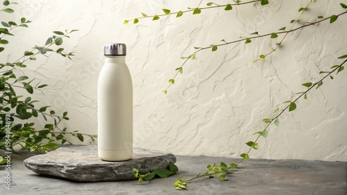 Minimalist cream colored reusable water bottle resting on a natural stone with green vines and textured background