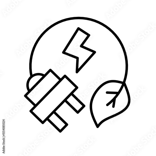 Power plug connected to a lightning bolt and a leaf within a circle. Represents green energy, renewable power, eco-friendly electricity, sustainable resources, and clean energy technology.