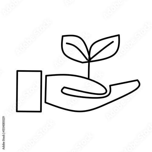 Hand holding a small plant with leaves. Represents growth, hope, nature, environment, care, nurturing, and new beginnings.