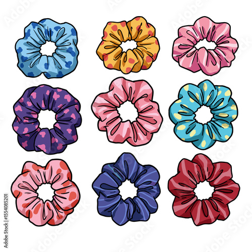 Silk scrunchie set isolated on white with colorful patterns  