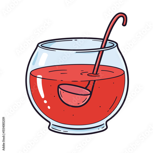 Ladle in punch bowl filled with red drink on white background  