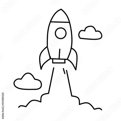 Rocket launching with smoke and clouds. Symbolizes startup, new beginnings, growth, ambition, innovation, projects, and space travel.