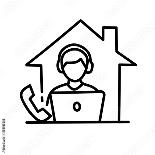 Line icon of remote work from home with cloud and laptop, symbolizing online job, telecommuting, and virtual work environment in modern digital lifestyle.