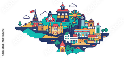 An illustrated cityscape featuring a collection of various colorful buildings arranged to look like a landmass silhouette.