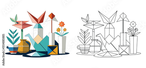 Artistic illustration of origami plants and flowers arrangements in colorful style against a white background for design