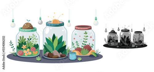 Beautifully illustrated terrariums in glass jars with plants and decorations against white background design
