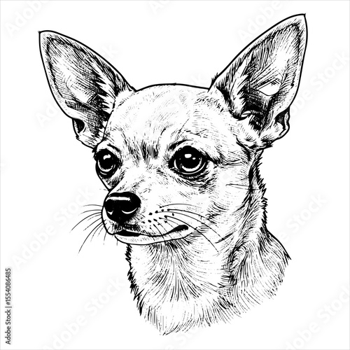 head chihuahua dog pet portrait engraving intricate retro hand drawn style line art black and white vector illustration, isolated on white background
