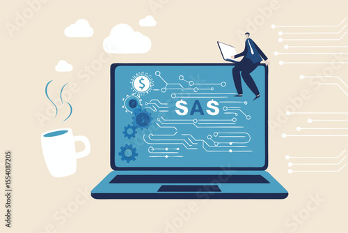 SaaS software as a service, cloud computing software for client subscription, internet web application online platform provider concept, businessman working with computer laptop on SaaS screen.