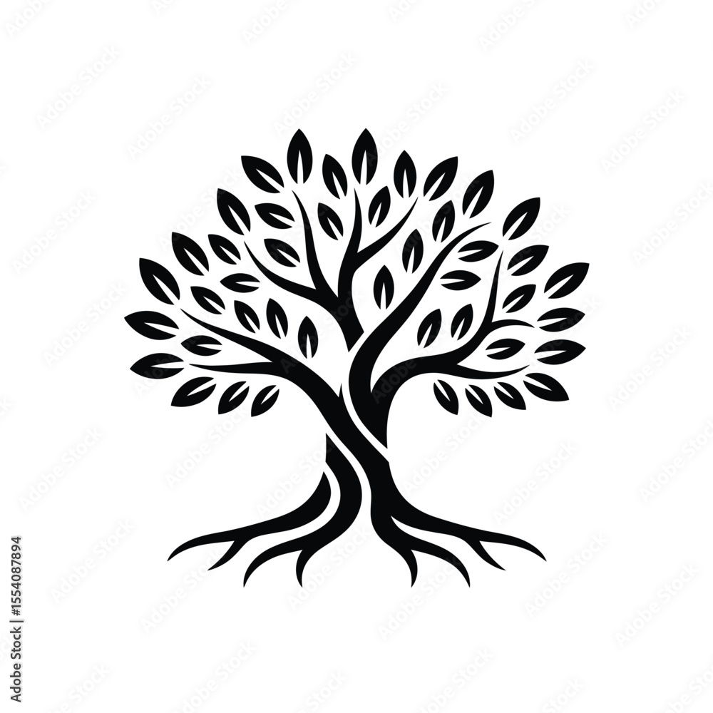 Obraz premium Elegant Tree of Life Silhouette with Intertwined Trunk and Leafy Canopy