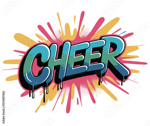 Graffiti cheer text with paint splash, Vibrant graffiti-style "CHEER" word art with dripping blue letters and colorful spray paint splash
