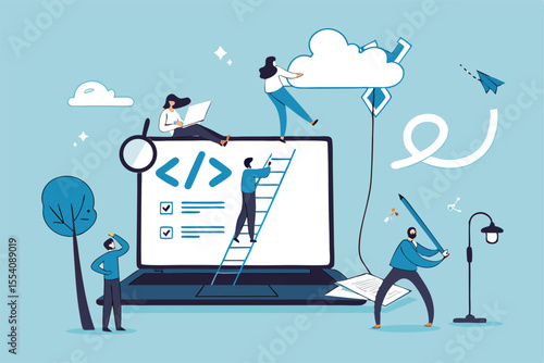 Software development, coding team, programming frontend backend framework, debugging algorithm, testing or deployment concept, young people software engineer working with online cloud computer laptop.