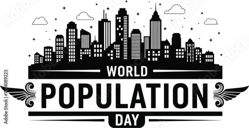 Black and white world population day graphic with city skyline view