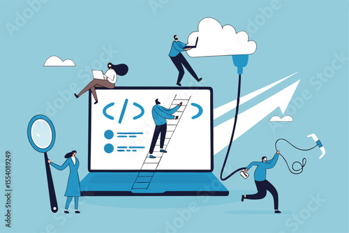Software development, coding team, programming frontend backend framework, debugging algorithm, testing or deployment concept, young people software engineer working with online cloud computer laptop.