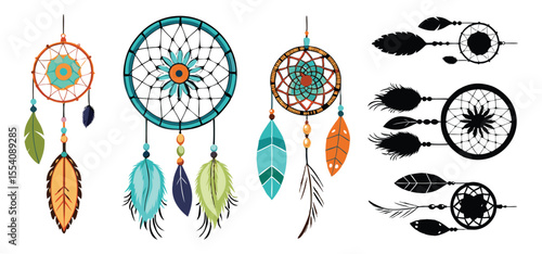 Colorful hand drawn dreamcatcher illustrations featuring feathers and native american tribal design elements in a decorative style.