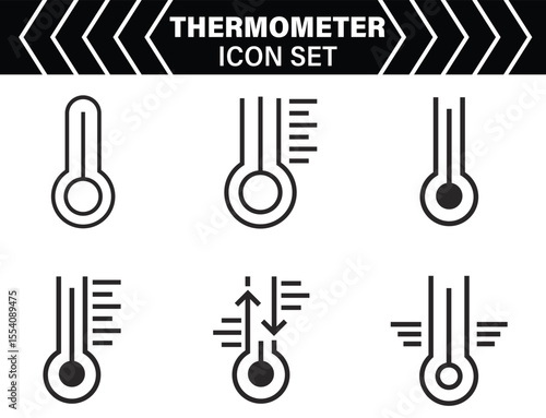 Thermometer icon set with hot and cold temperature symbols. Includes snowflakes, heat scale, weather icons, and climate tools in flat, minimal vector style.

