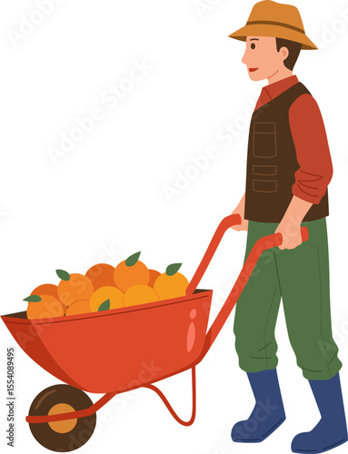 Farmer Pushing Wheelbarrow of Produce

