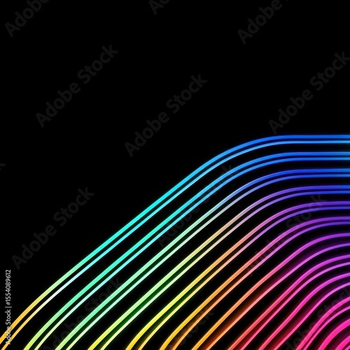 Colorful neon lines curve diagonally on a black background, creating a vibrant, futuristic design with a gradient from blue to pink and yellow.