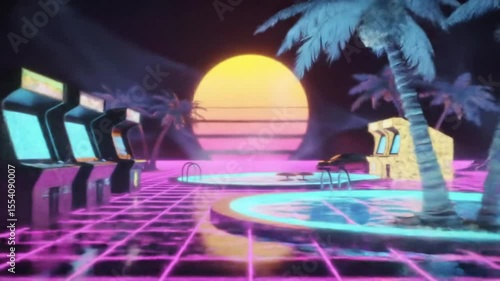Retro futuristic neon landscape with arcade machines car and sunset in vaporwave style