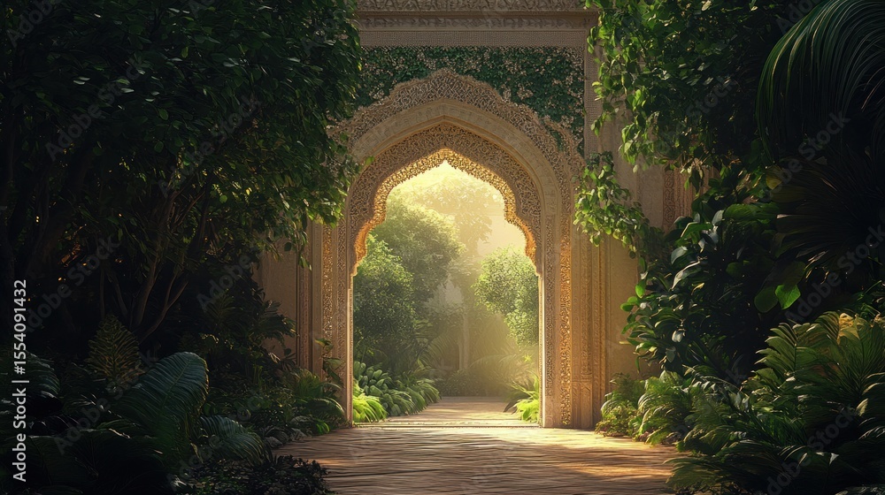 Fototapeta premium Sunlit archway through lush garden