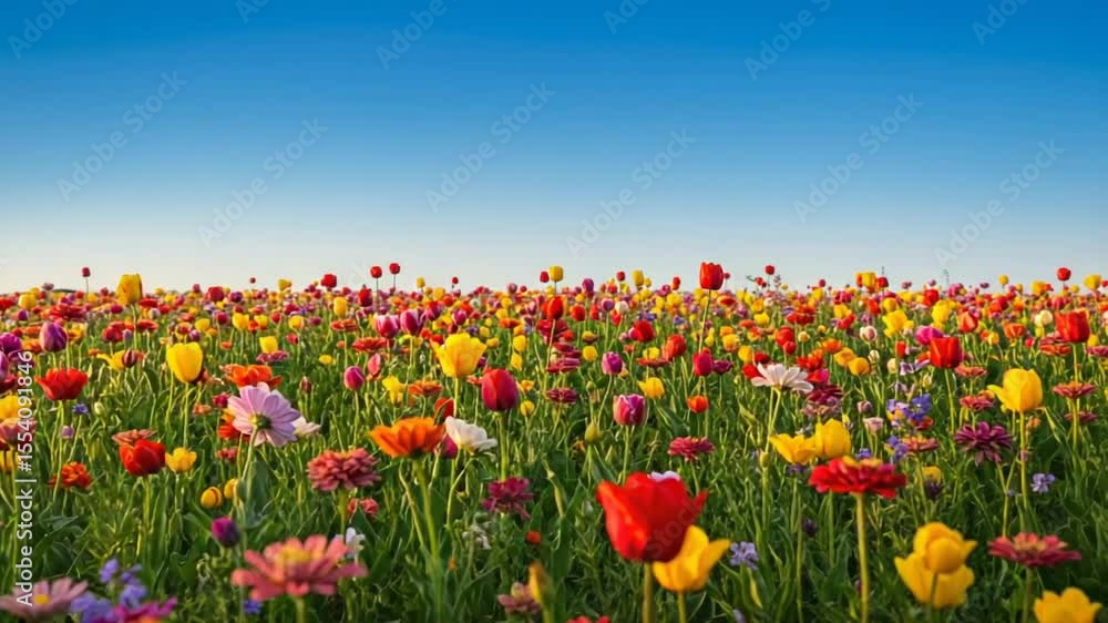 Vibrant flower field under a clear blue sky in springtime Vibrant flower field under a clear blue sky in springtime