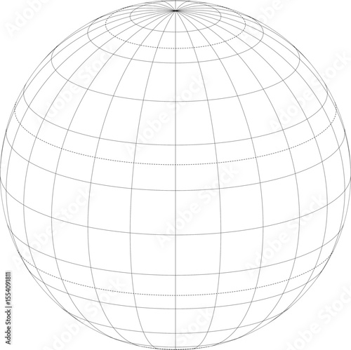 World map hemisphere graticule grid vector with tropic and polar circles (Orthographic projection, 15 × 15 degree intervals, centered at 20° north)