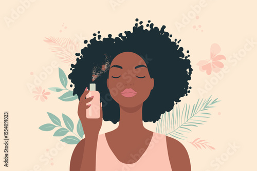 African woman spraying facial mist after makeup removal vector illustration