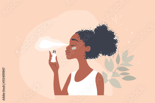 African woman spraying facial mist after makeup removal vector illustration