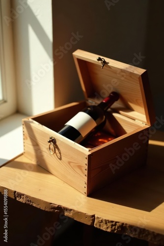 Sunlight Illuminates a Wooden Box Containing a Bottle of Wine, a Symbol of Celebration and Simple Pleasures