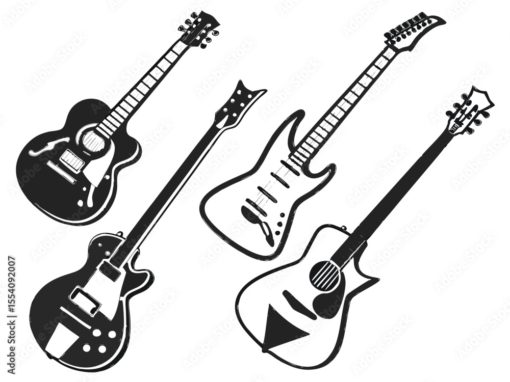 Fototapeta premium Black Guitar Silhouettes – Acoustic and Electric Instrument Icons