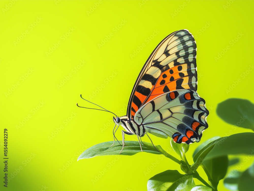Obraz premium vibrant butterfly perched on green leaf against bright lemon green background, showcasing its intricate patterns and colors. scene evokes sense of tranquility and beauty in nature