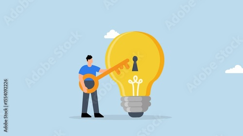Wallpaper Mural 4k animation of businessman with golden key will insert key into bulb idea lamp. Torontodigital.ca