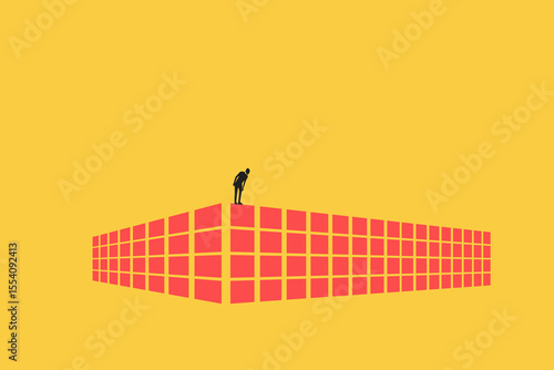 Businessman on top looking down from building. Business crisis, depression or burnout syndrome vector concept. Symbol of stress, recession