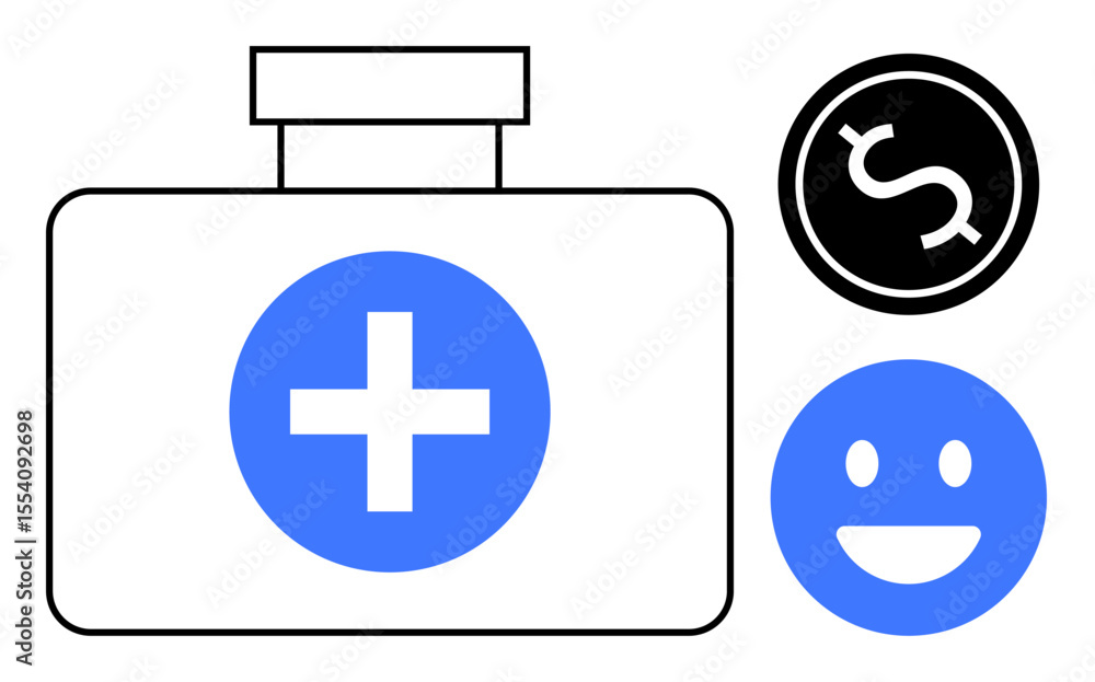 Obraz premium Medical kit box with a blue cross, dollar sign suggesting financial aspects, smiling face symbolizing health, happiness. Ideal for healthcare, costs, insurance, medical care, wellness savings