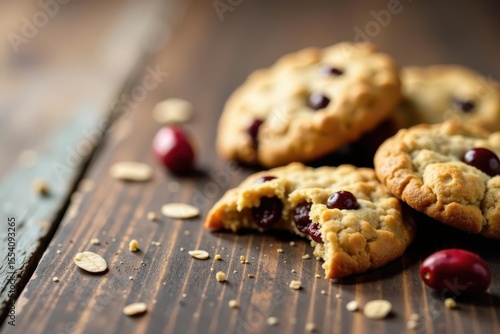 Delicious Oatmeal Cookies with Dried Cranberries on Rustic Wooden Table