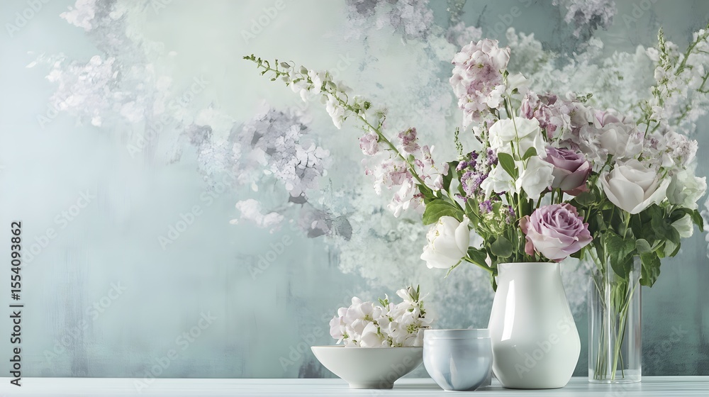 Obraz premium Beautiful pastel flowers in elegant vases on table