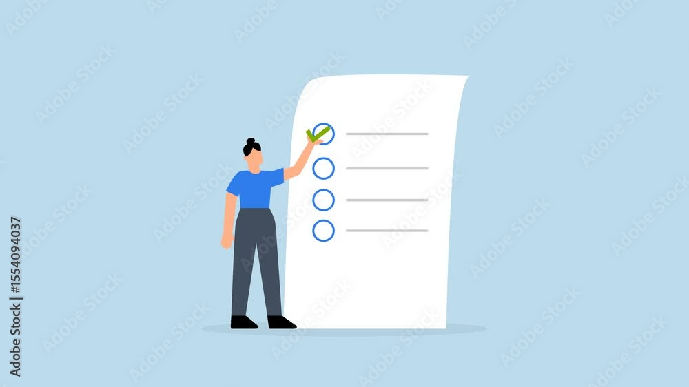 4k animation of woman gives list of checkbox achievements on notebook paper. 4k animation of woman gives list of checkbox achievements on notebook paper.