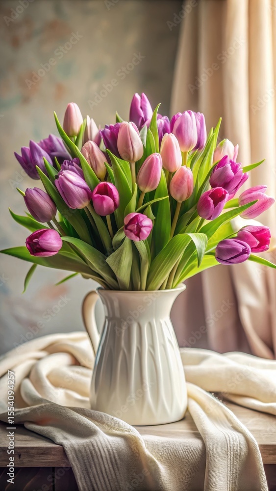Obraz premium Fresh pink and violet tulips bouquet in a elegant white vase