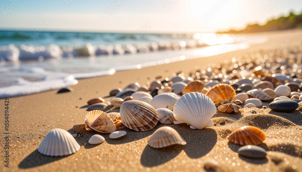 Beautiful Sandy Beach Shoreline With Shells And Gentle Waves Under Sunlight Beautiful Sandy Beach Shoreline With Shells And Gentle Waves Under Sunlight