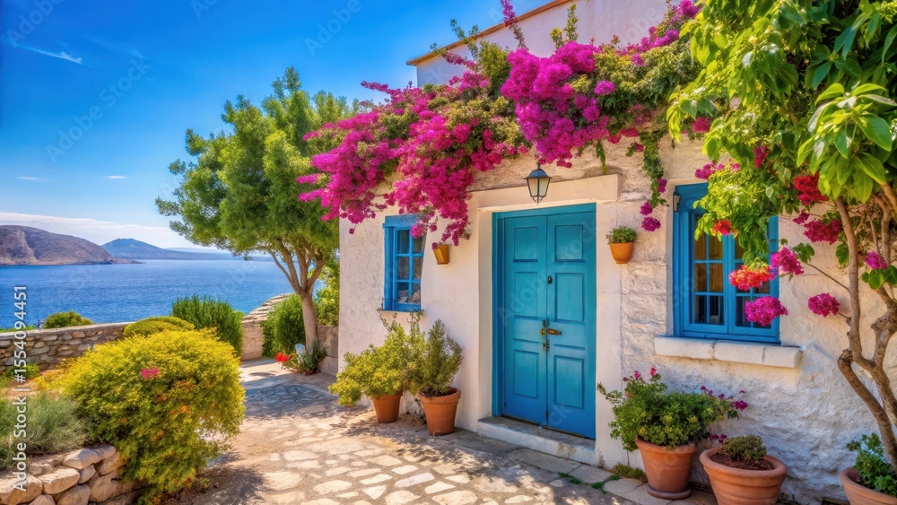 Naklejka premium House with bright blue door in white house surrounded by green trees and flowers in Halki island Greece