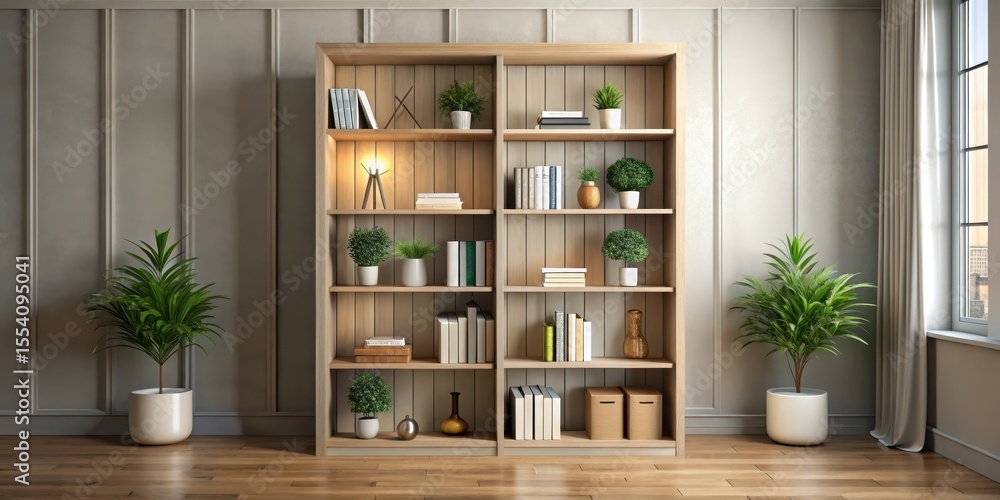 Fototapeta premium A well-organized bookshelf with decorative items stands alone in a quiet room