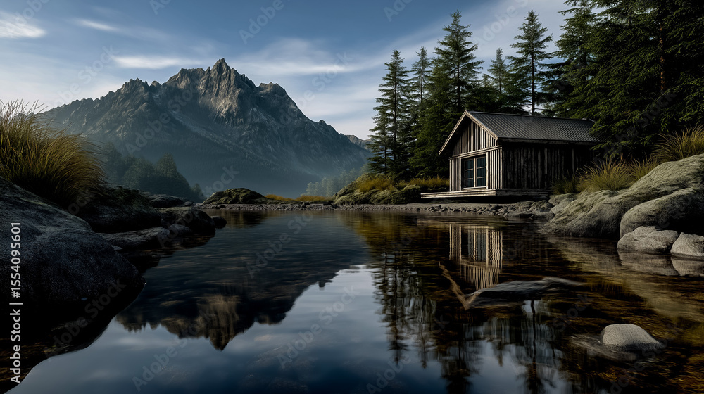 Fototapeta premium Wooden Cabin by Mountain Lake