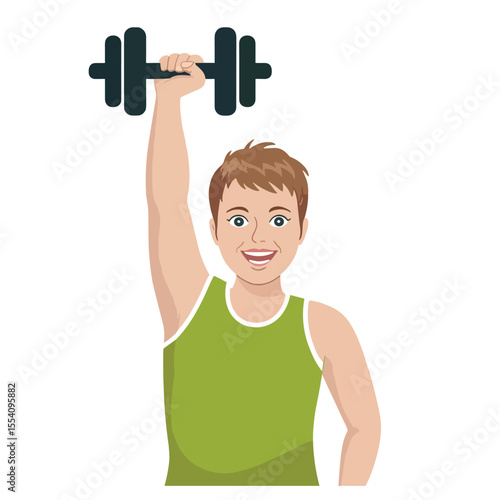 Cartoon man lifting a dumbbell with one arm wearing a green tank top and smiling with short hair