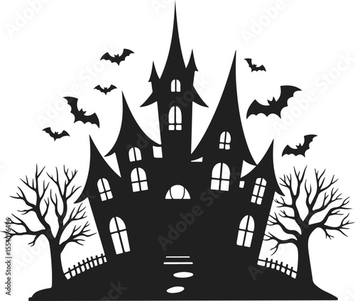 Halloween hunted house Spooky silhouette with bats flying around on halloween night