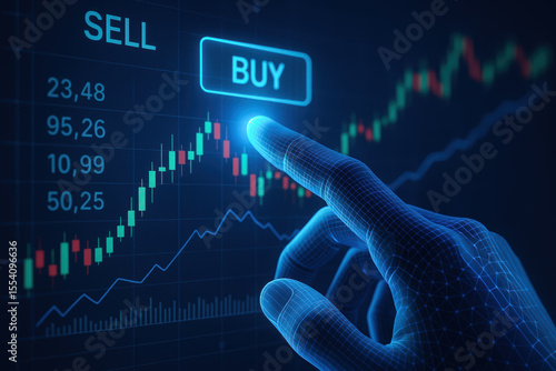AI in energy trading concept with digital hand pointing at buy button on stock market chart for smart investment